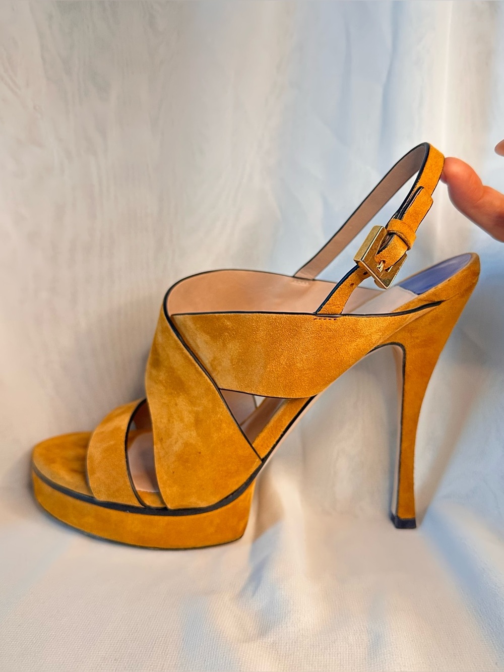 Stuart Weitzman Golden Yellow Suede Crisscross Platform Heels